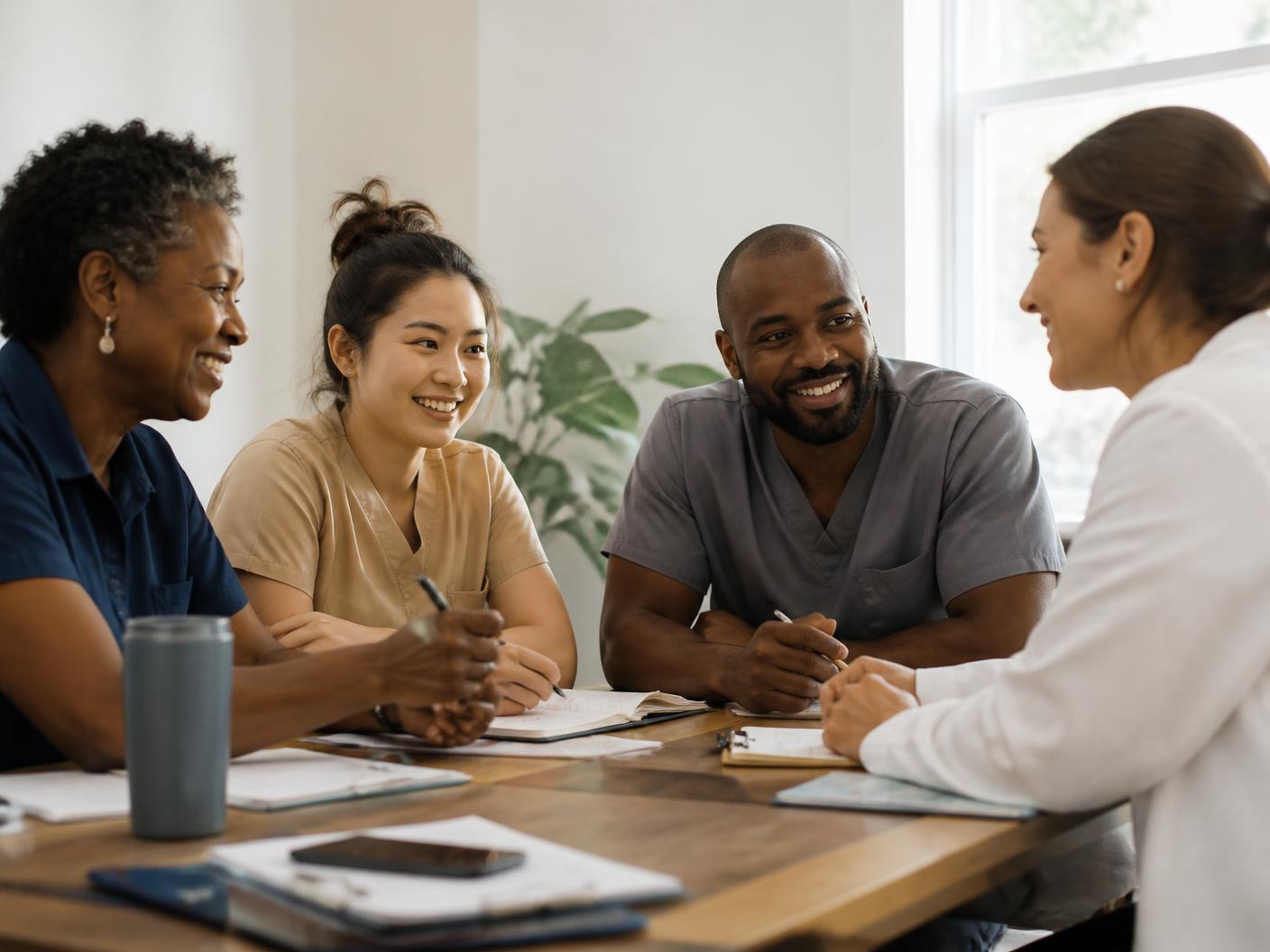 A diverse team of support staff collaborating around a table in a bright office